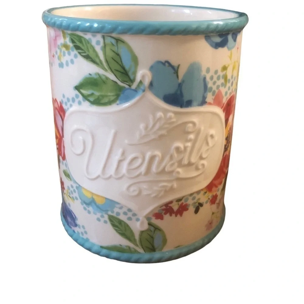 Pioneer Woman Melody Stoneware Floral Utensil Holder Crock Farmhouse Retro